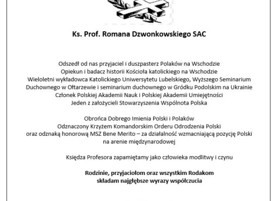 Kondolencje po śmierci ks. prof. Romana Dzwonkowskiego